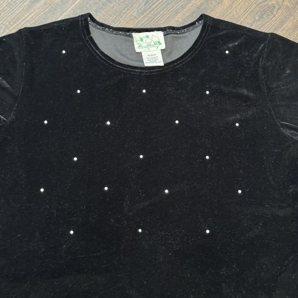Quaker Factory Womens Blouse Velvet Black Rhinestone Stud Short Sleeve Top Med - Picture 2 of 8